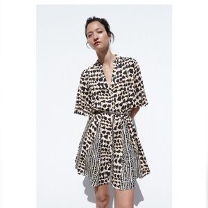 Zara Beige and Navy Printed mini  Dress NWT
